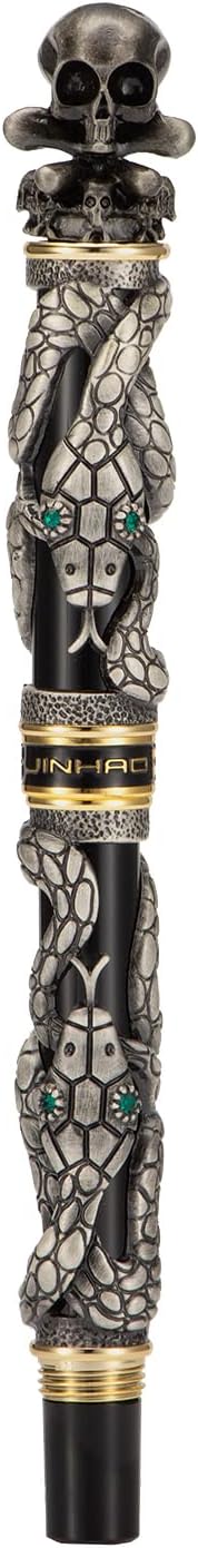 Jinhao Füllfederhalter, Schwarz, mittlere Feder, Retro-Stil, mit Totenkopfkopf, massives Metall und