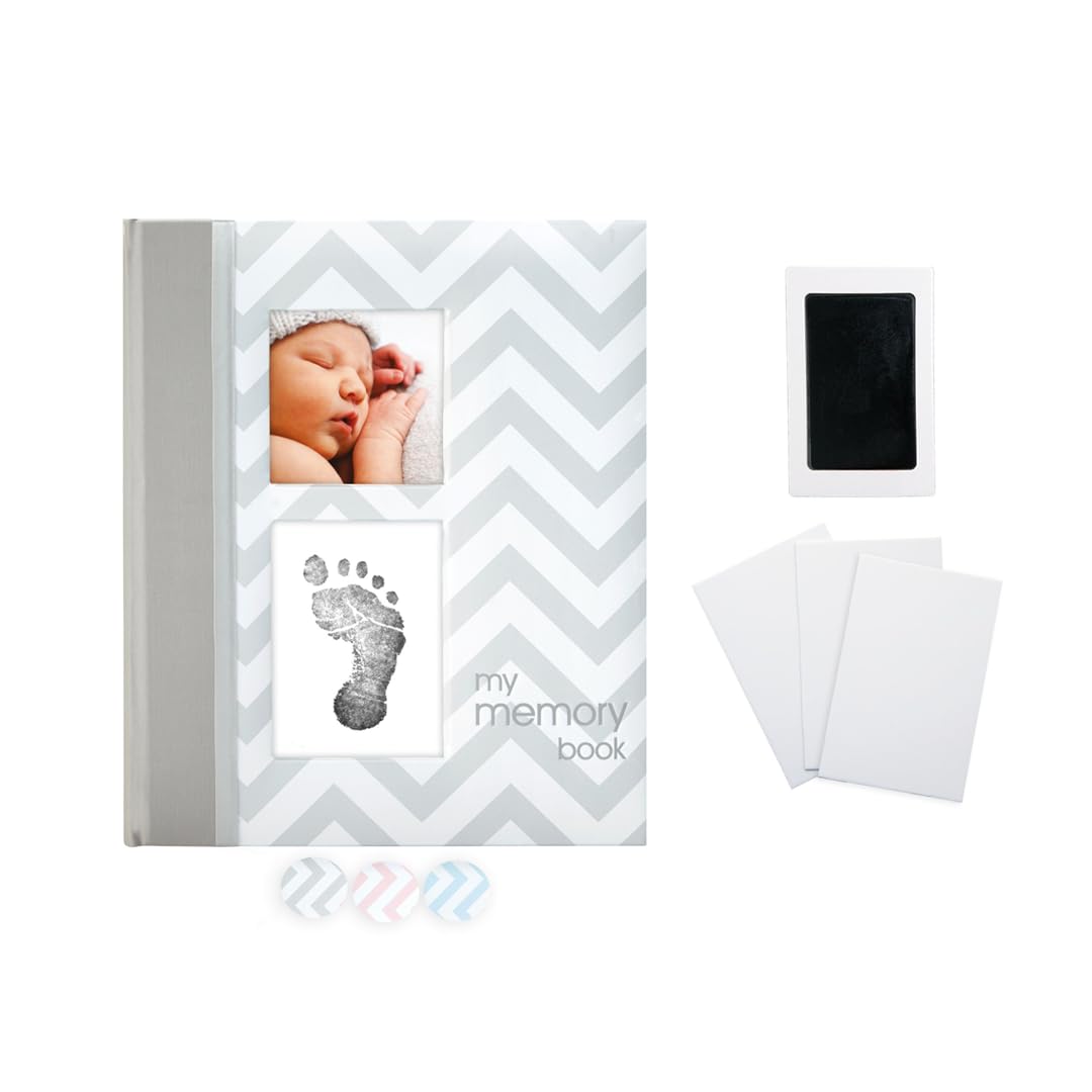 Pearhead P62200 Chevron Babybuch mit Clean Touch Stempelkissen, grau (Texte auf Englisch), 1 Stück (