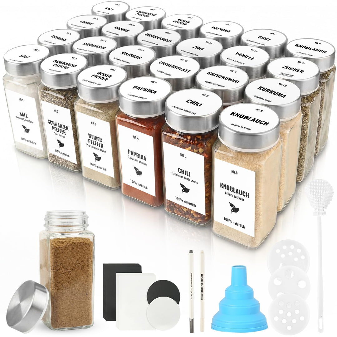 24pcs Gewürzgläser Eckig mit Edelstahldeckel, 120ml Glasbehälter mit Streueinsatz, Luftdichte Gewürz