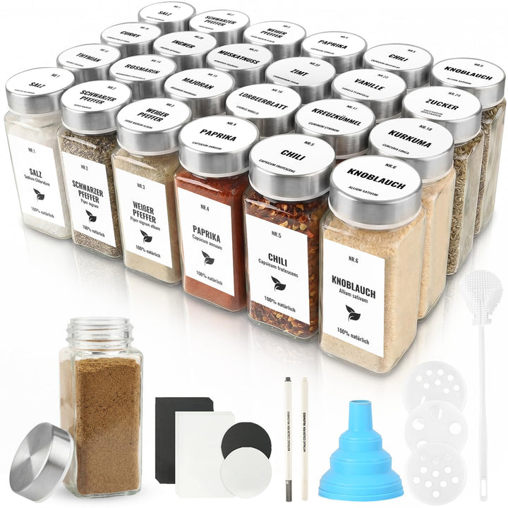 24pcs Gewürzgläser Eckig mit Edelstahldeckel, 120ml Glasbehälter mit Streueinsatz, Luftdichte Gewürz