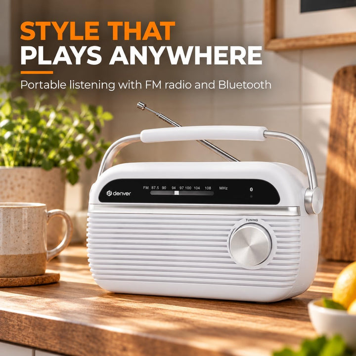 Denver Tragbares FM-Radio mit Bluetooth 5.0, 230 V oder Batteriebetrieb