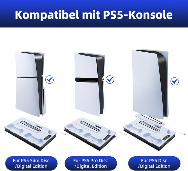 Wigearss Vertikaler PS5 Lüfter Ständer Kühlstation mit Dual-Controller-Ladung für PS5/PS5 Slim UHD/D
