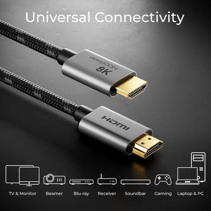 deleyCON 8K HDMI 2.1 Kabel 10m - für TV, Monitor, PS4, PS5, Xbox, Dolby Atmos Soundbar eARC, HDR10+