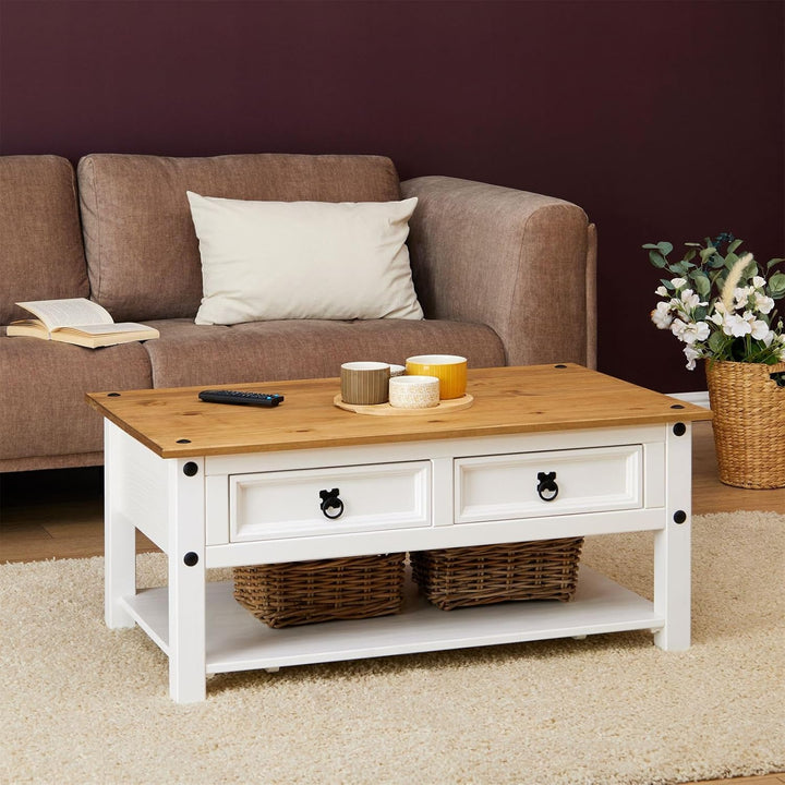 CARO-Möbel Couchtisch Campo im Mexiko-Stil Wohnzimmertisch Beistelltisch Kiefer massiv, braun/weiss