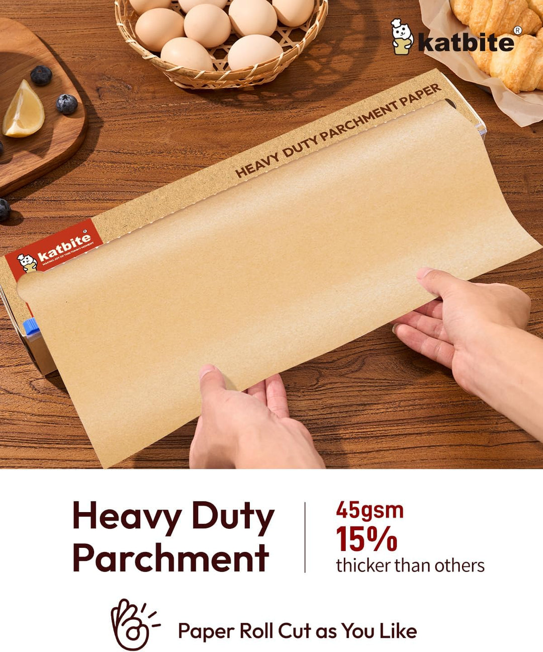 Katbite Ungebleichtes Pergamentpapier zum Backen, 38,1 cm x 64 m, 260 m², robustes Backpapier mit Gl
