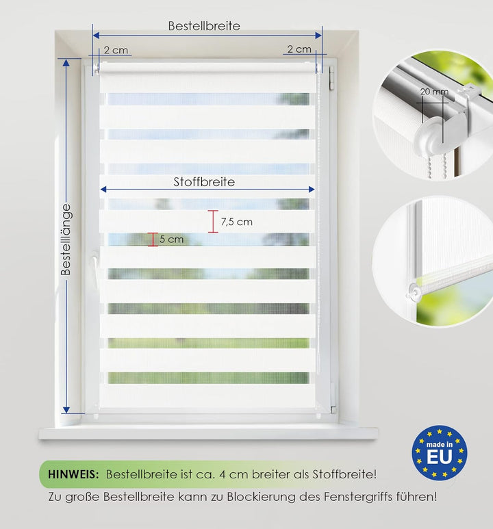 Rikmani Doppelrollo Fensterrollo ARD Duo-Rollo Klemmfixierung Zebrarollo Seitenzugrollo ohne Bohren,