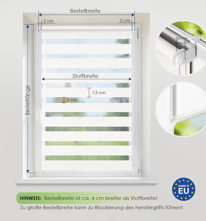 Rikmani Doppelrollo Fensterrollo ARD Duo-Rollo Klemmfixierung Zebrarollo Seitenzugrollo ohne Bohren,