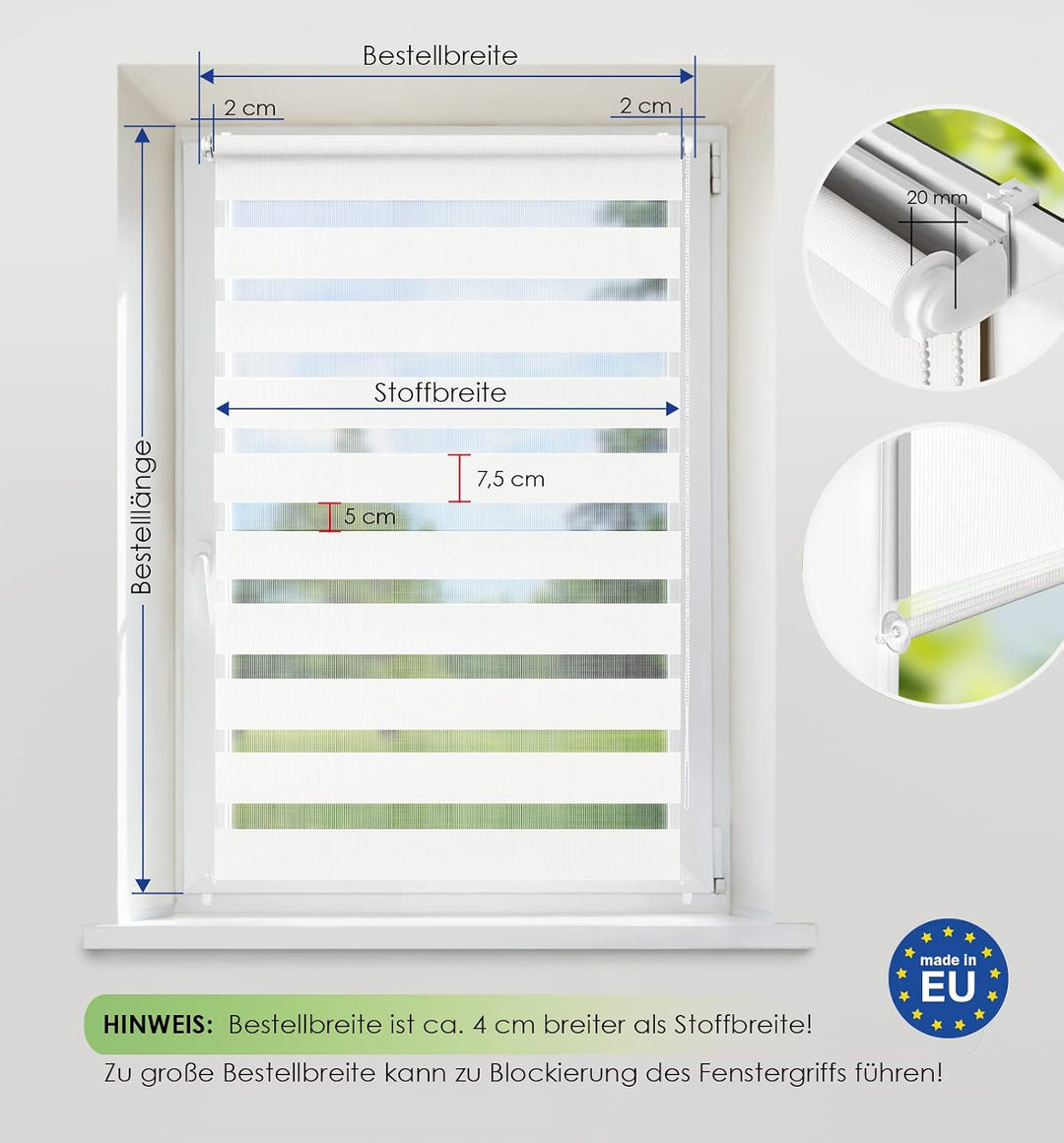 Rikmani Doppelrollo Fensterrollo ARD Duo-Rollo Klemmfixierung Zebrarollo Seitenzugrollo ohne Bohren,