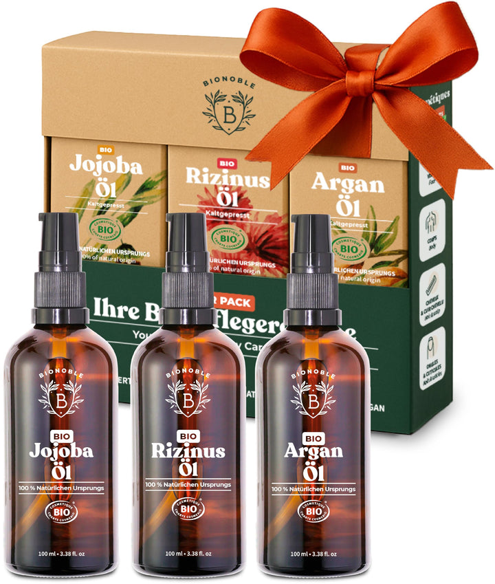 Bionoble Skincare Set 3x100ml - Bio Arganöl, Jojobaöl & Rizinusöl - Pflege für Gesicht, Körper und H