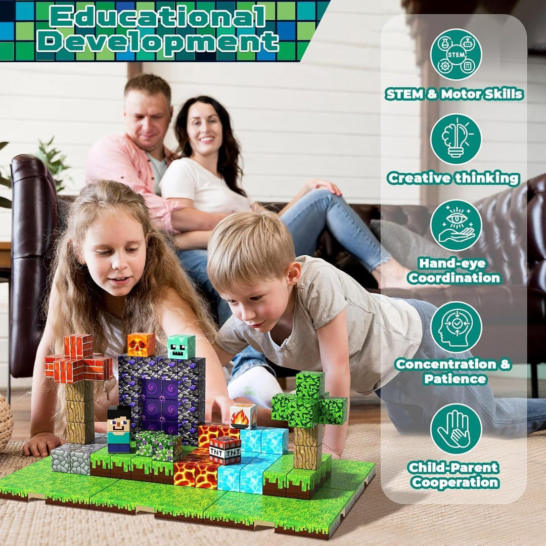 Magnetische Bausteine 150 Teile - Wald & Minentunnel Set mit 6 Grasplatten - Magnetbausteine für Jun