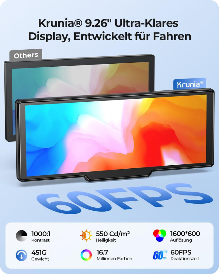 9,26" Drahtloses Tragbarer Car Play Display mit 4K-Front- &amp; HD-Rückfahr-Dual-Dashcam für Apple CarPl