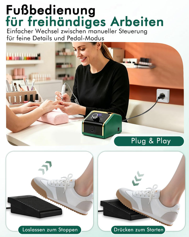 CozyZen Elektrische Nagelfräsmaschine 35.000 U/min Profi-Set | Mit LCD-Display, Hand- & Fusspedal, l