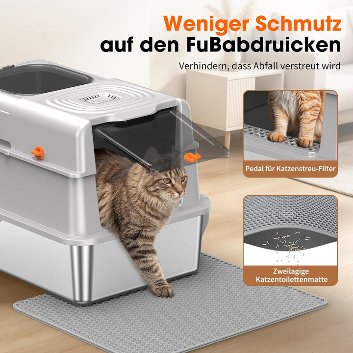 Edelstahl Katzentoilette mit Deckel, XXL extra grosse Katzenklos für grosse Katzen, geschlossene Kat