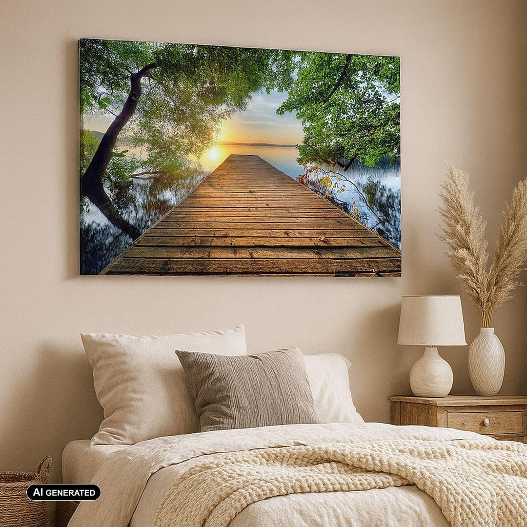 ARTTOR Bilder auf Leinwand 100x70cm Leinwandbild mit Rahmen Brücke See Gross Wanddeko Bild Schlafzim