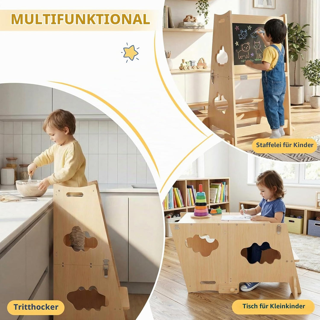 KIDINIX Lernturm ab 1 Jahr, 3 in 1 Montessori Learning Tower mit Sicherheitsgeländer und Tafel, Klap