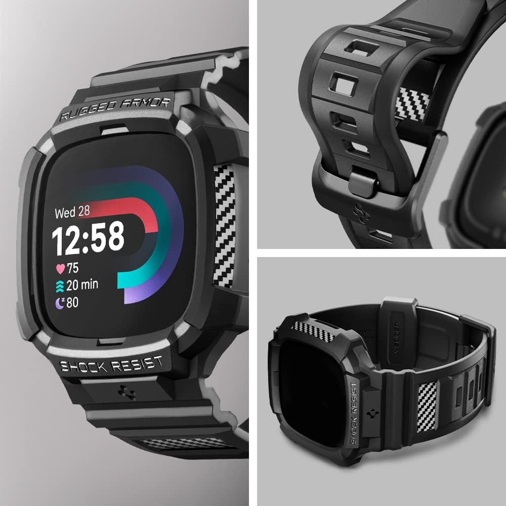 Spigen Rugged Armor Pro Hülle mit Band für Fitbit Versa 4 / Sense 2 | TPU-Unibody-Hülle mit Armband,