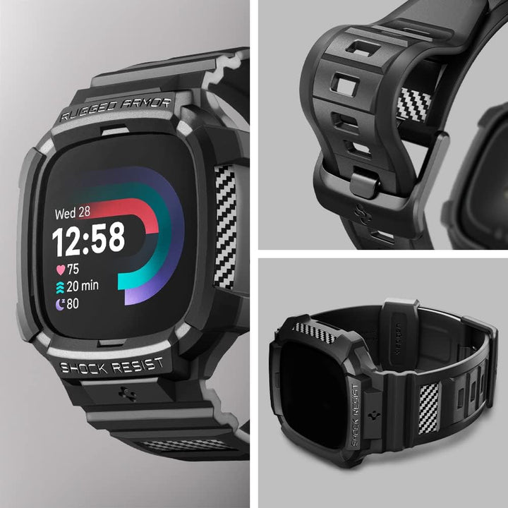 Spigen Rugged Armor Pro Hülle mit Band für Fitbit Versa 4 / Sense 2 | TPU-Unibody-Hülle mit Armband,