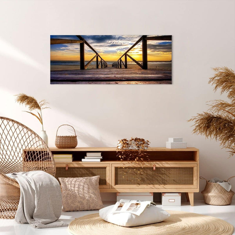 Bilder auf Leinwand 100x40cm Leinwandbild Strand Ozean Sand Holzbrücke Sonnenuntergang Gross Wanddek