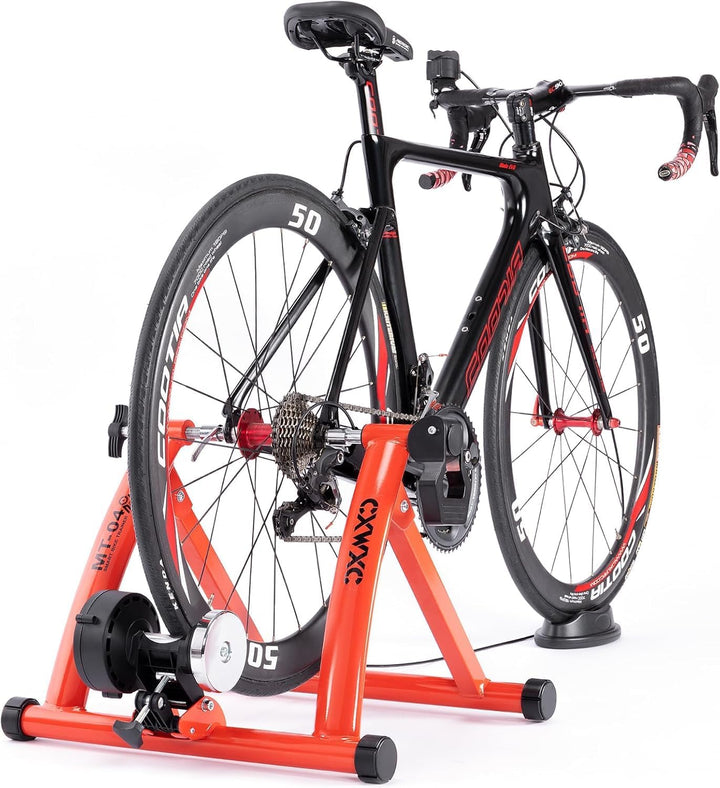 CXWXC Fahrrad Rollentrainer, Klappbar Stahl Bike Trainer mit Schnellspanner Vorderradunterlage Radtr