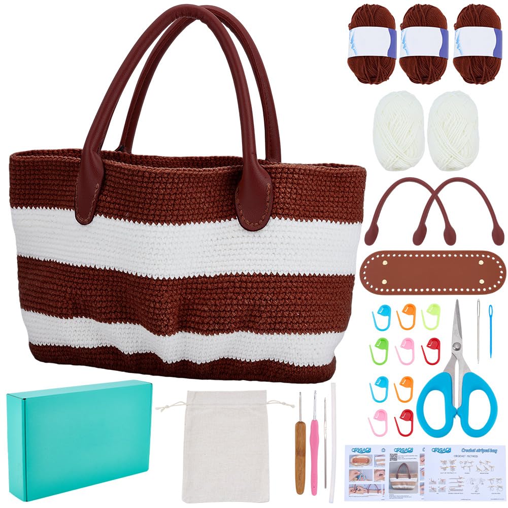 ORIGACH Handtasche Häkelset mit PU-Lederband und -Basis Für Anfänger, DIY Schokoladenbraune gestreif