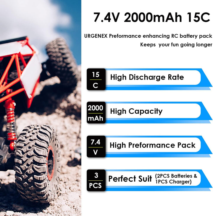 URGENEX 7.4 V Li-ion Battery 2000 mAh 2S Battery with Deans T Plug for RC Cars Boats Trucks with 1 t