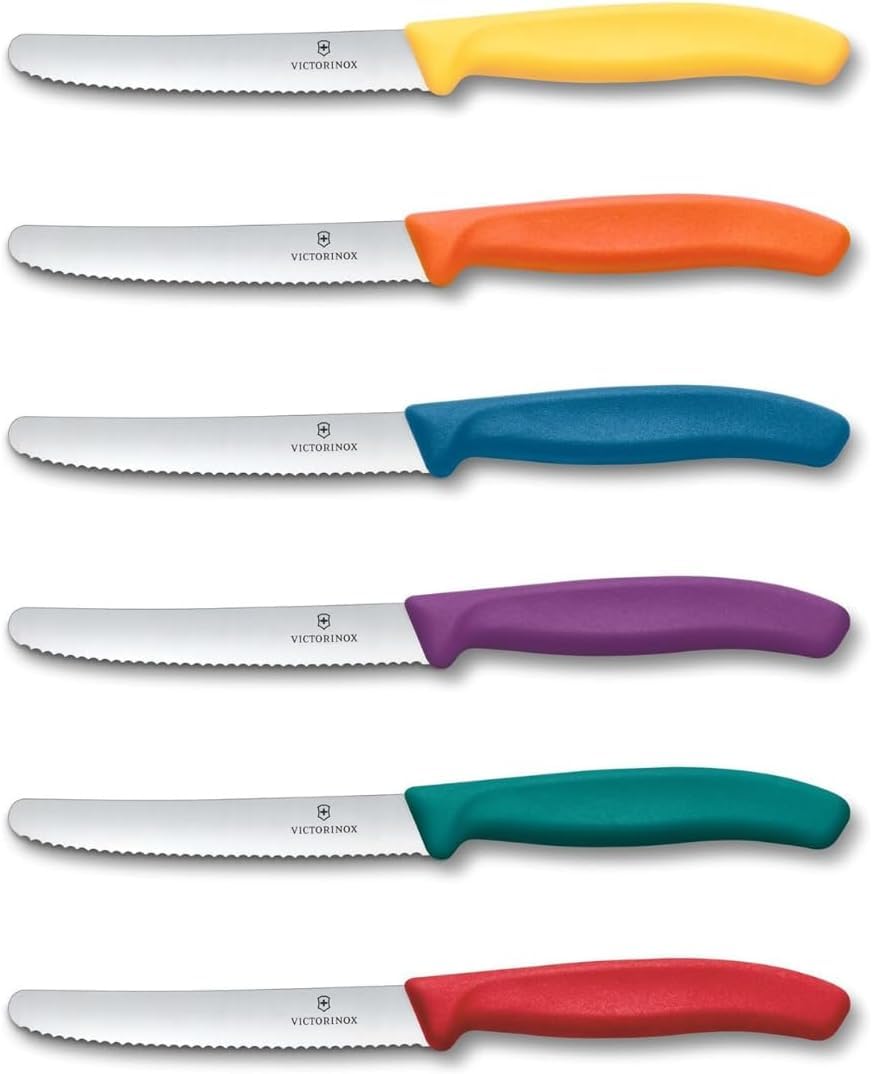 Victorinox | Küchenmesser-Set | 6 Stück Bunter Mix | Klingenlänge: 11cm | Extra scharfer Wellenschli
