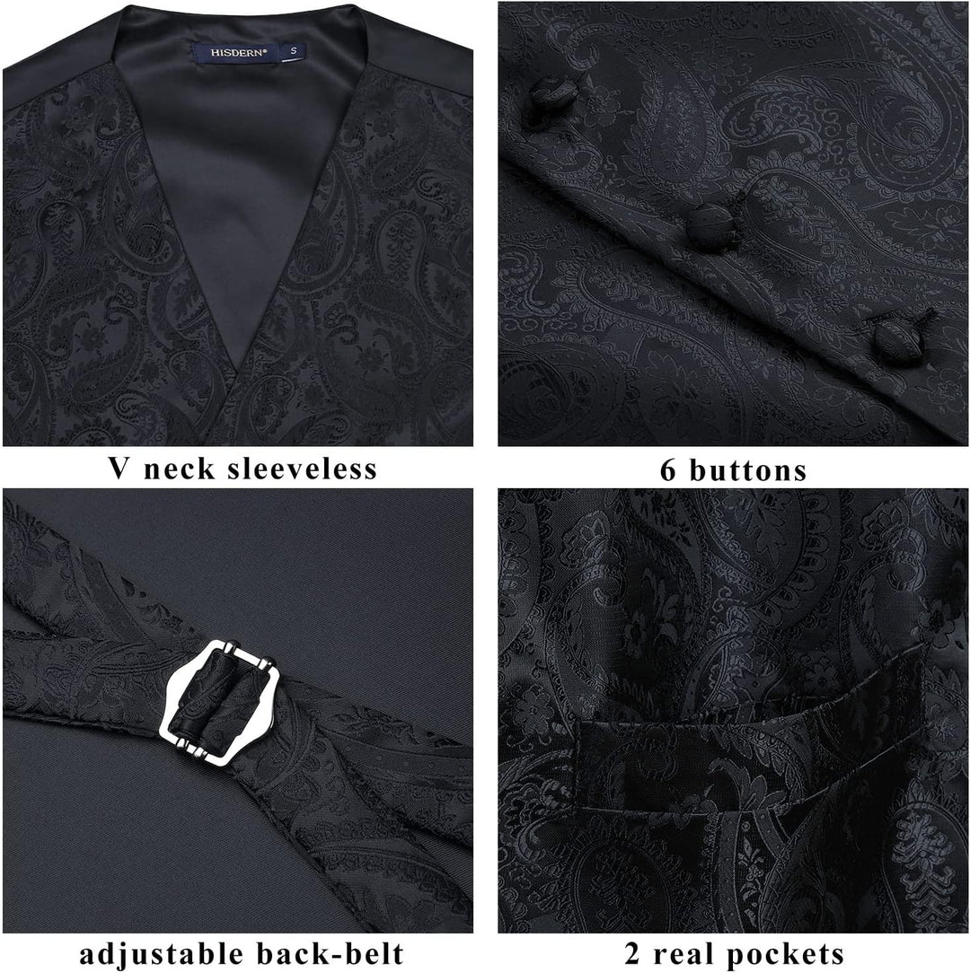HISDERN Herren FLoral Hochzeit Weste Krawatte Einstecktuch Taschentuch Jacquard Weste Anzug Set 3XL