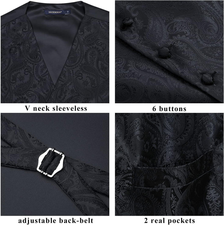 HISDERN Herren FLoral Hochzeit Weste Krawatte Einstecktuch Taschentuch Jacquard Weste Anzug Set 3XL