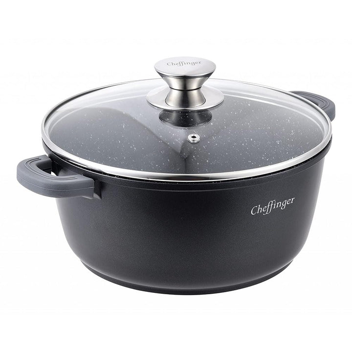 Cheffinger Kochtopf Aluguss Induktion Ø32cm Suppentopf Pfanne Topf Deckel Brattopf Schwarz, CF-DC32