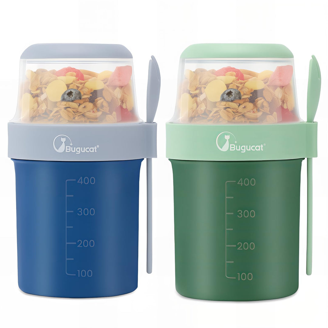 Bugucat 2in1 Müslibecher to Go 560ml+310ml, Praktischer Joghurtbecher & Müslibecher für Picknick 2er