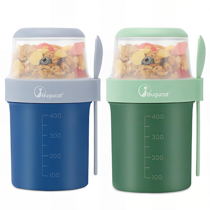 Bugucat 2in1 Müslibecher to Go 560ml+310ml, Praktischer Joghurtbecher & Müslibecher für Picknick 2er
