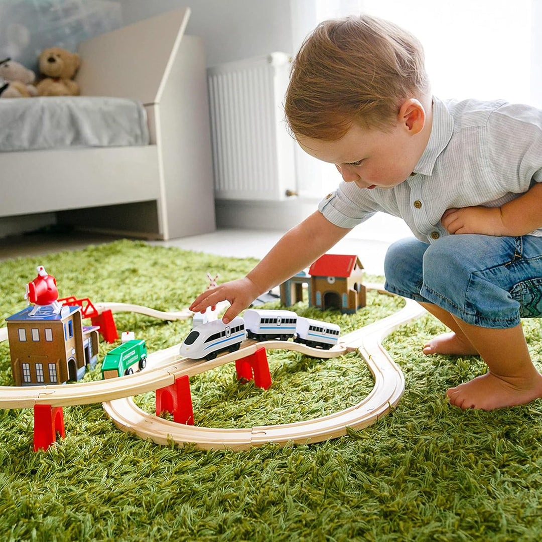 Green series Holzeisenbahn Set für Kinder - Eisenbahn Holz | Spielzeug Zug | Polizeistation, Autobah