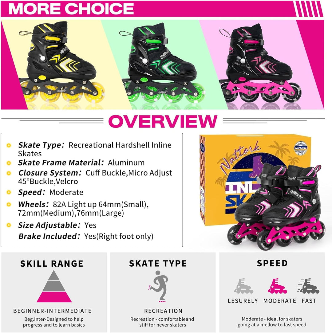 Nattork Inliner für Kinder Verstellbare Inline Skates, 4 Grössen Kinder Inline Roller Skates mit Bel