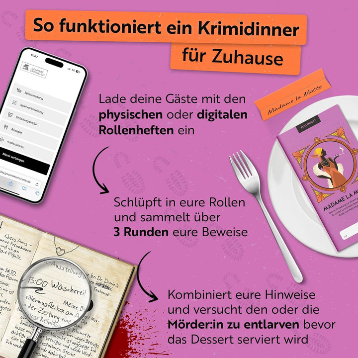 Gourmet Criminelle® Krimidinner für zuhause I 4-6 Personen I Mysteriöser Mordfall Maskenmord am Eiff