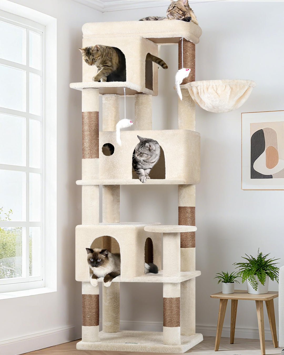 Globlazer Kratzbaum Beige Stabil Passform Ecke hoch 168 cm mit 3 Katzenhäus, Grosse Gepolsterte Plat