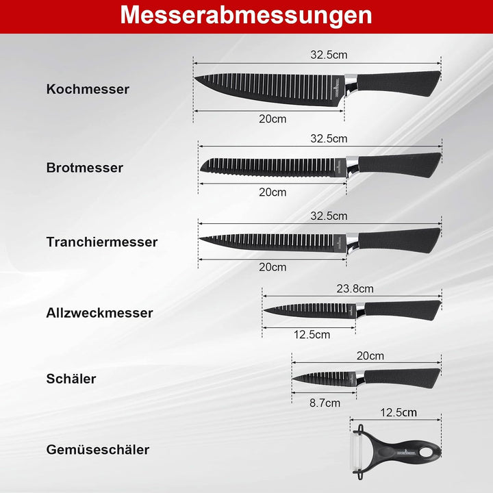 Messerset Scharf 6-teilig, Ergonomischen Küchenmesser Sets, Schwarz | Kochmesser, Brotmesser, Tranch