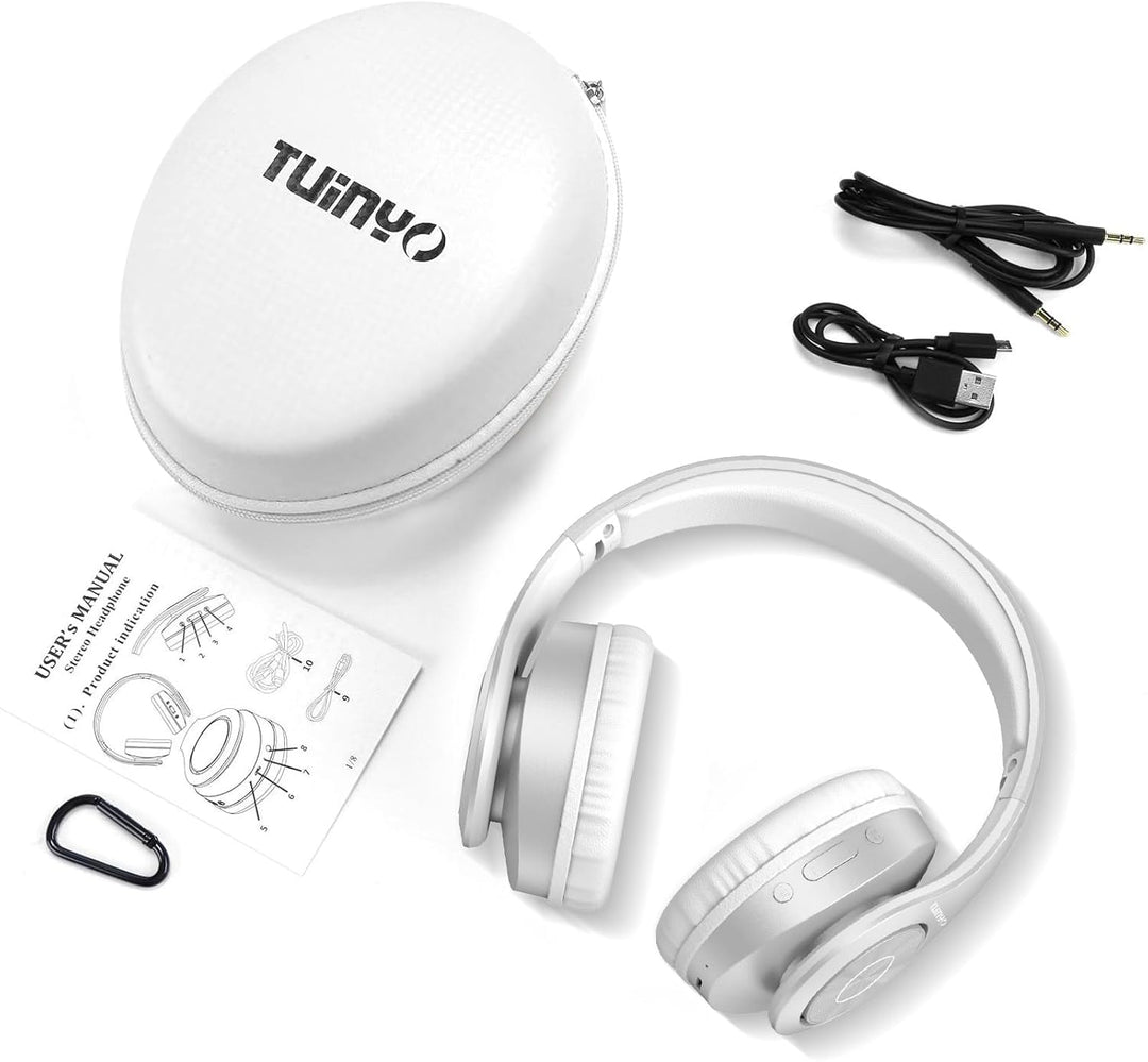 TUINYO Bluetooth-Kopfhörer Over Ear Hi-Fi Stereo Headset drahtloser Kopfhörer mit tiefen Bässen, wei