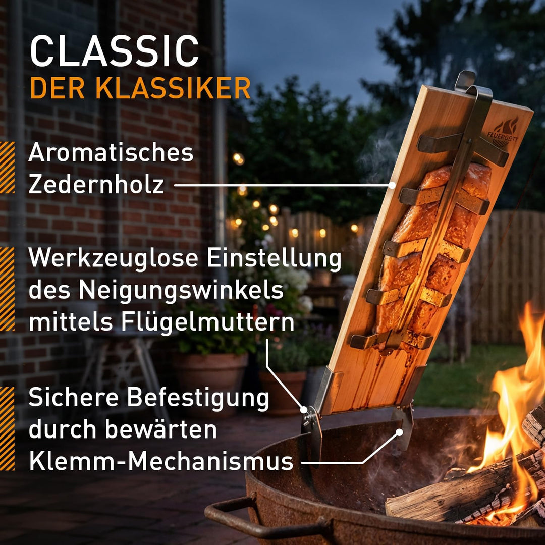 Flammlachsbrett Classic 2er-Set mit Edelstahl-Halterung zum Grillen und Räuchern von Lachs, Forellen
