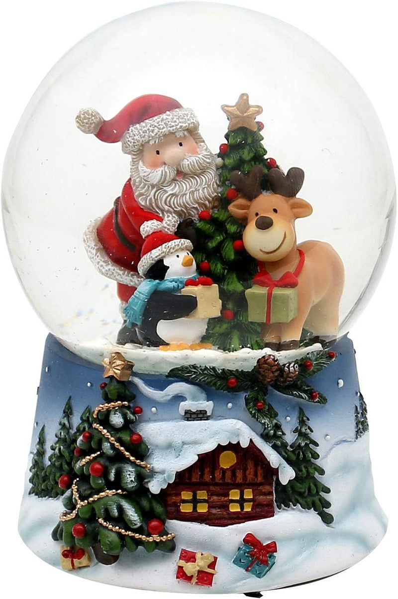 Dekohelden24 Schneekugel Santa mit Rentier und Pinguin blauem Sockel mit Weihnachtliche Winterlandsc