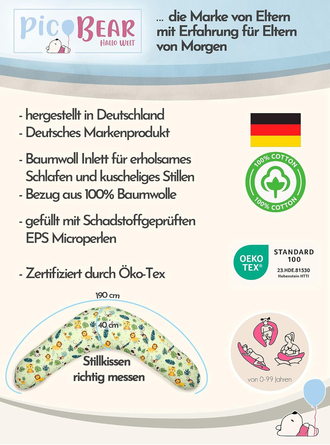 pic Bear Classic 190cm Stillkissen - hochwertiges Schwangerschaftskissen - anschmiegsames Lagerungsk