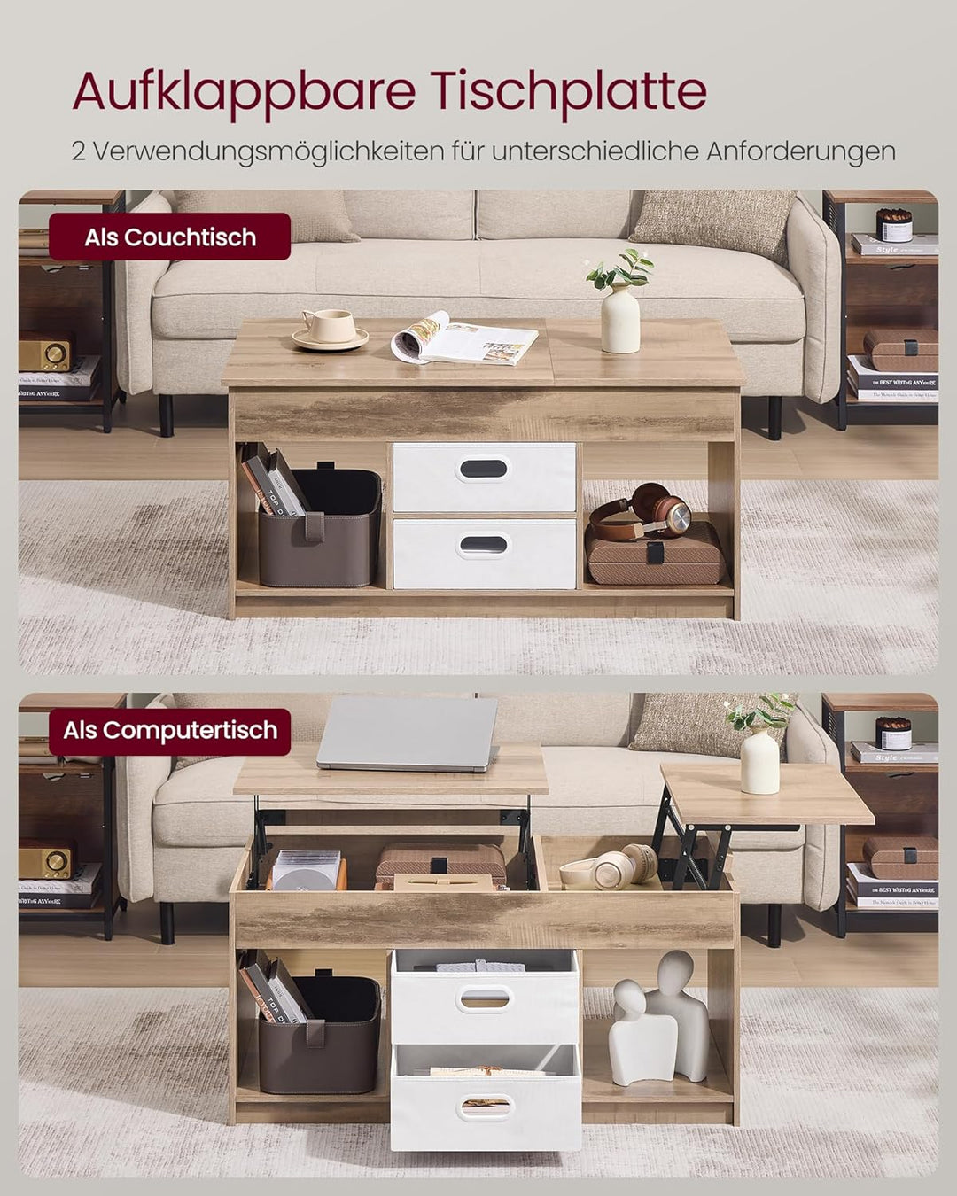 VASAGLE Couchtisch, höhenverstellbarer Wohnzimmertisch, 2 Schubladen und versteckte Fächer, Kaffeeti