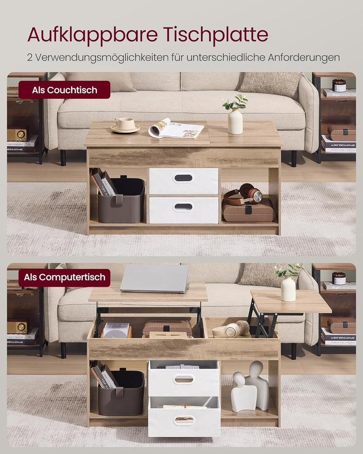 VASAGLE Couchtisch, höhenverstellbarer Wohnzimmertisch, 2 Schubladen und versteckte Fächer, Kaffeeti