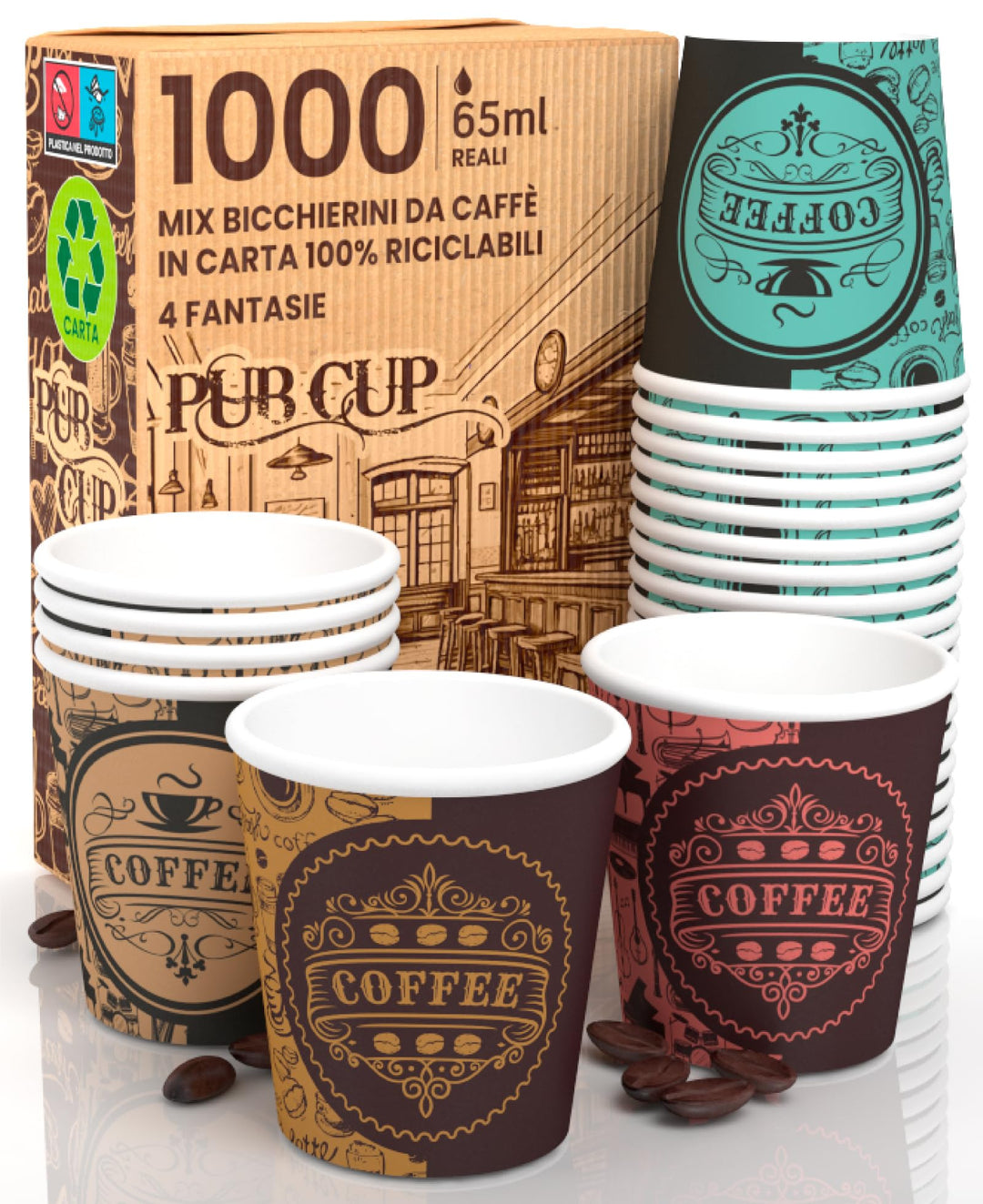 1000 Kaffeebecher aus Papier, 65 ml, PubCUP Mix Umweltfreundliche biologisch abbaubare Einwegbecher,