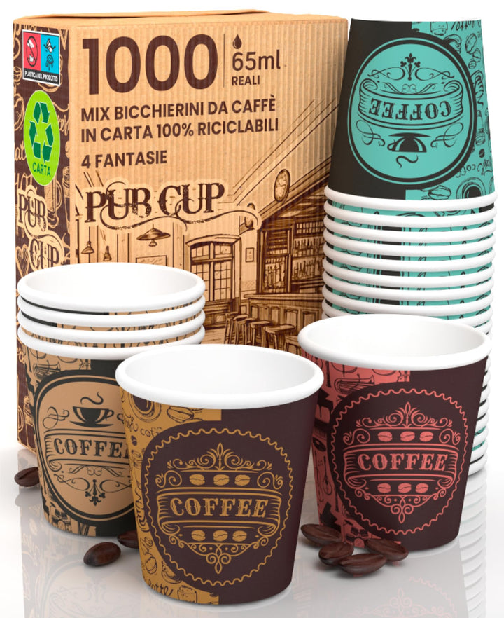 1000 Kaffeebecher aus Papier, 65 ml, PubCUP Mix Umweltfreundliche biologisch abbaubare Einwegbecher,