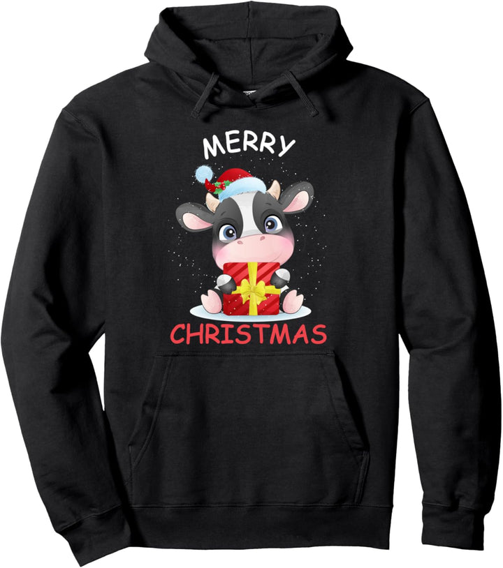 Frohe Weihnachten Süsse Kuh Weihnachtsmütze Schneeflocken Pullover Hoodie