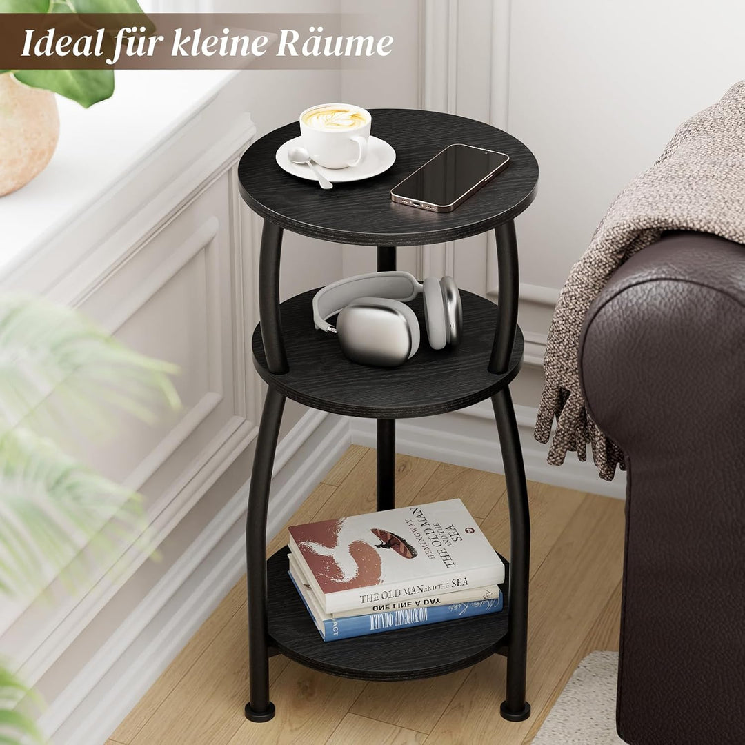 Beistelltisch rund, Kleiner Runder Tisch 3 Ebenen, Couchtisch klein mit Aufbewahrung, Nachttisch, Ka