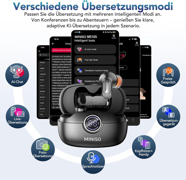 MINISO MS105 AI Kopfhörer Übersetzer, 3-in-1 Übersetzungskopfhörer in Echtzeit mit KI-Übersetzungsfu