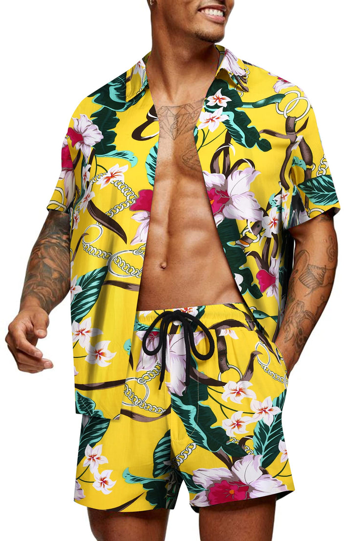 COOFANDY Herren Hemd Kurzarm Sommerhemd Floral Hawaiihemd Flamingo Party Hemden und Shorts Set Stran