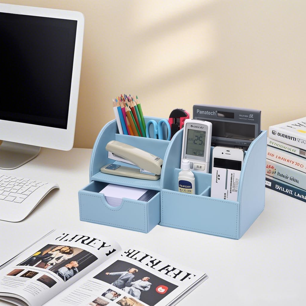 KINGFOM Büro Schreibtisch Organizer Ordnungssystem Tisch Organizer PU Leder Stiftehalter Stiftebox S