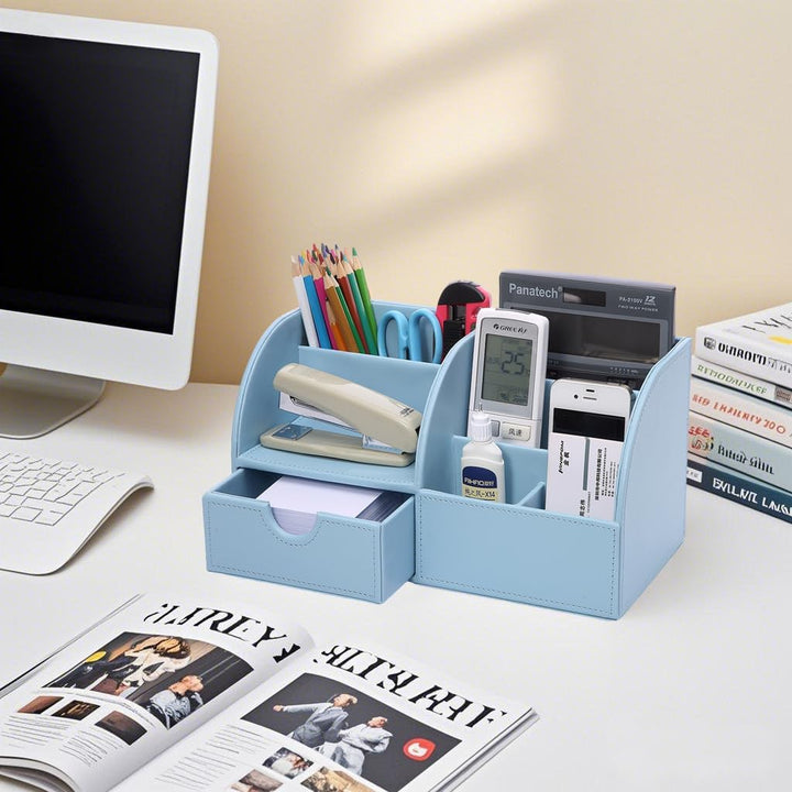KINGFOM Büro Schreibtisch Organizer Ordnungssystem Tisch Organizer PU Leder Stiftehalter Stiftebox S